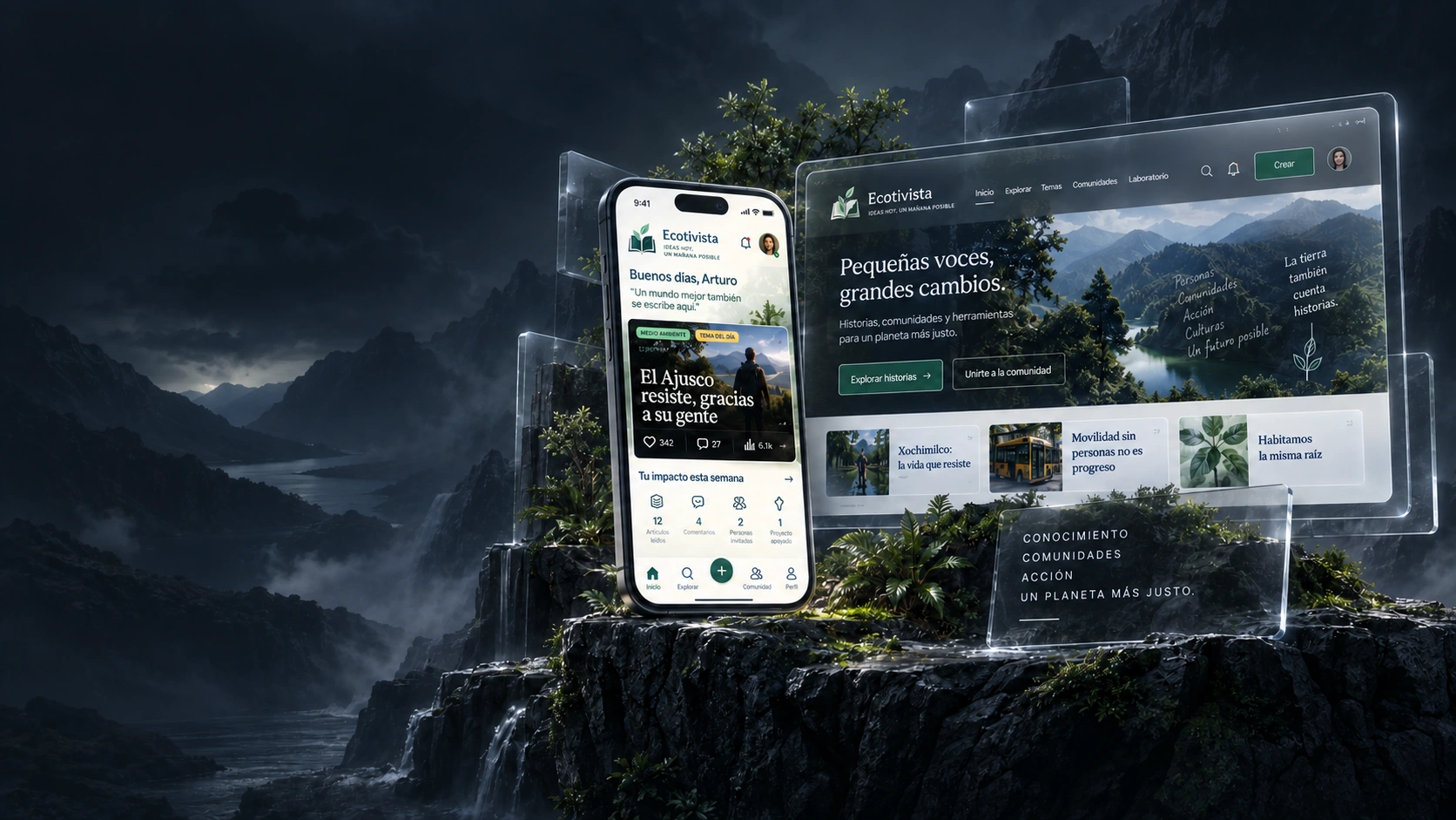 Visualización conceptual de Ecotivista: teléfono junto a una pantalla web sobre roca y vegetación, con capas de cristal.