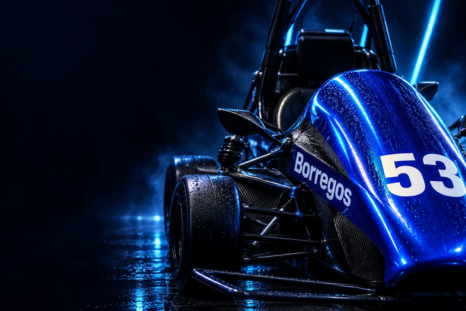 Arte editorial del vehículo 53 con carrocería azul e iluminación neón.