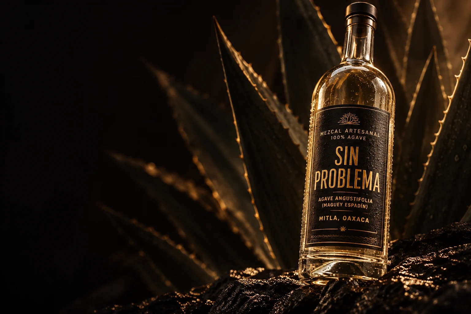 Arte editorial de la botella Sin Problema con agave y luz ámbar.